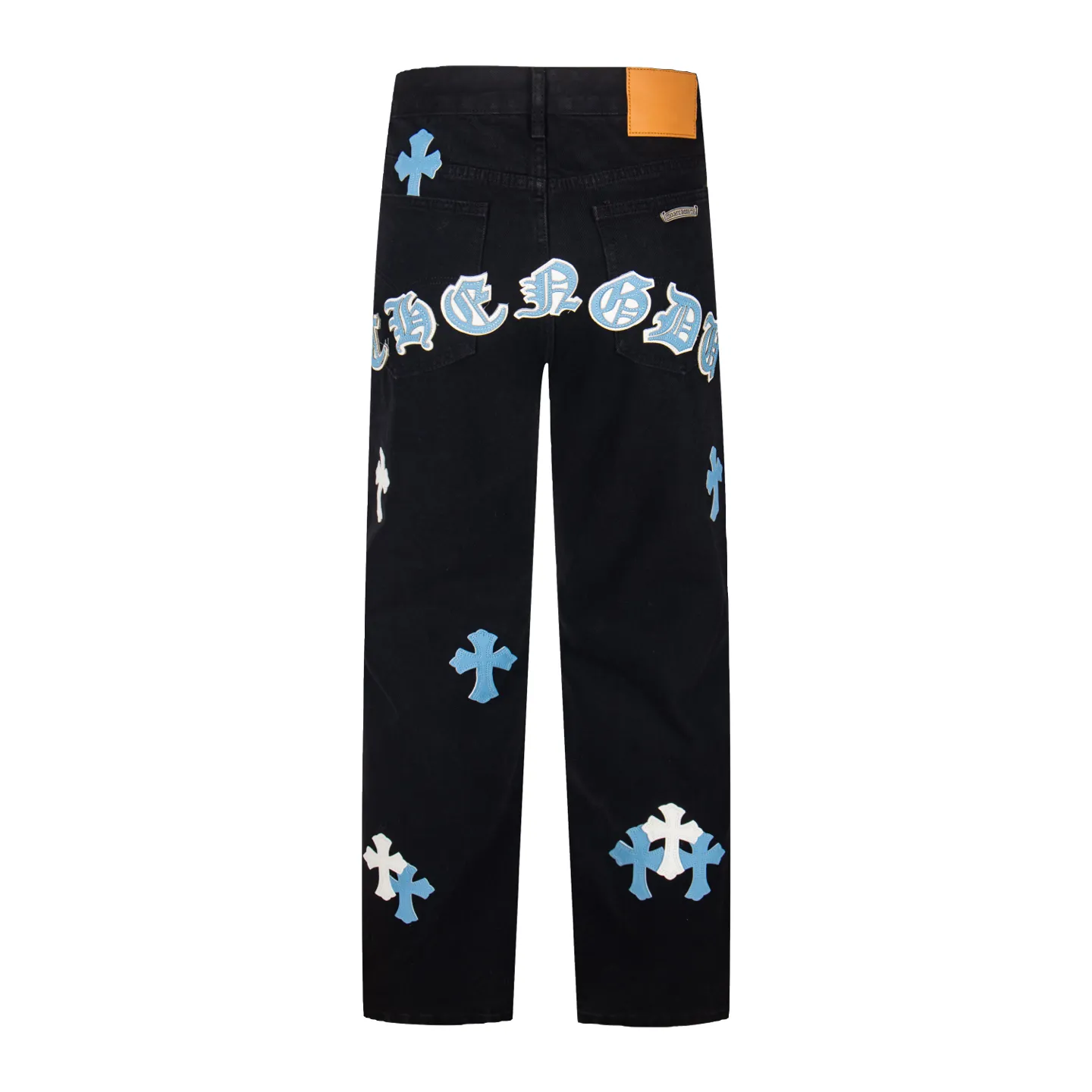 P260 Chrome Hearts Black Pants Sanskrit Blue and White Patch Leather Jeans CH jeans need to be washed before being dismantled and then hand-stitched with sheepskin cross leather and then spliced ​​together. The whole piece has too many craftsmanship to describe. The patches are decorated with cross patterns and the high-waisted washed jeans! ! Absolutely high-end luxury products, god-level single products and super popular products, made with top heavy industry, a must-see magic weapon. Customized hardware. The fabric is thick and soft after washing. It has good breathability. Customized small leather label. Unique design. The details are simple and elegant, and the workmanship is exquisite. The entire trousers are neatly routed and the details are in place! It’s so cool that both men and women can easily control the genderless trend! Style number: 1873# Color: black Size: 28 30 32 34